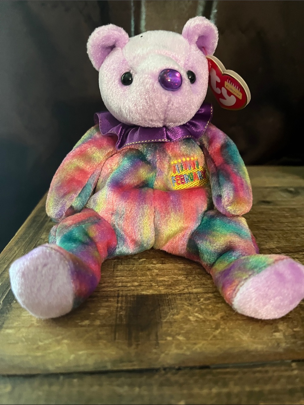 Ty February Birthday Beanie Baby “Amethyst” Rainbow Tie-Dye Plush Bear